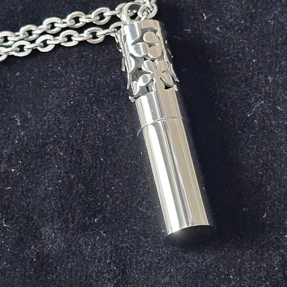 Silver Tone Stainless Steel Cylinder Floral Swirl Essential Oil Pendant Necklace - Picture 4 of 8